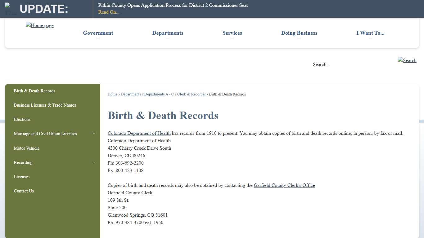 Birth & Death Records | Pitkin County, CO