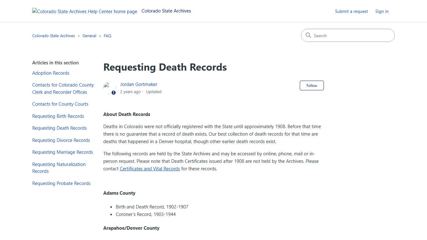 Requesting Death Records – Colorado State Archives